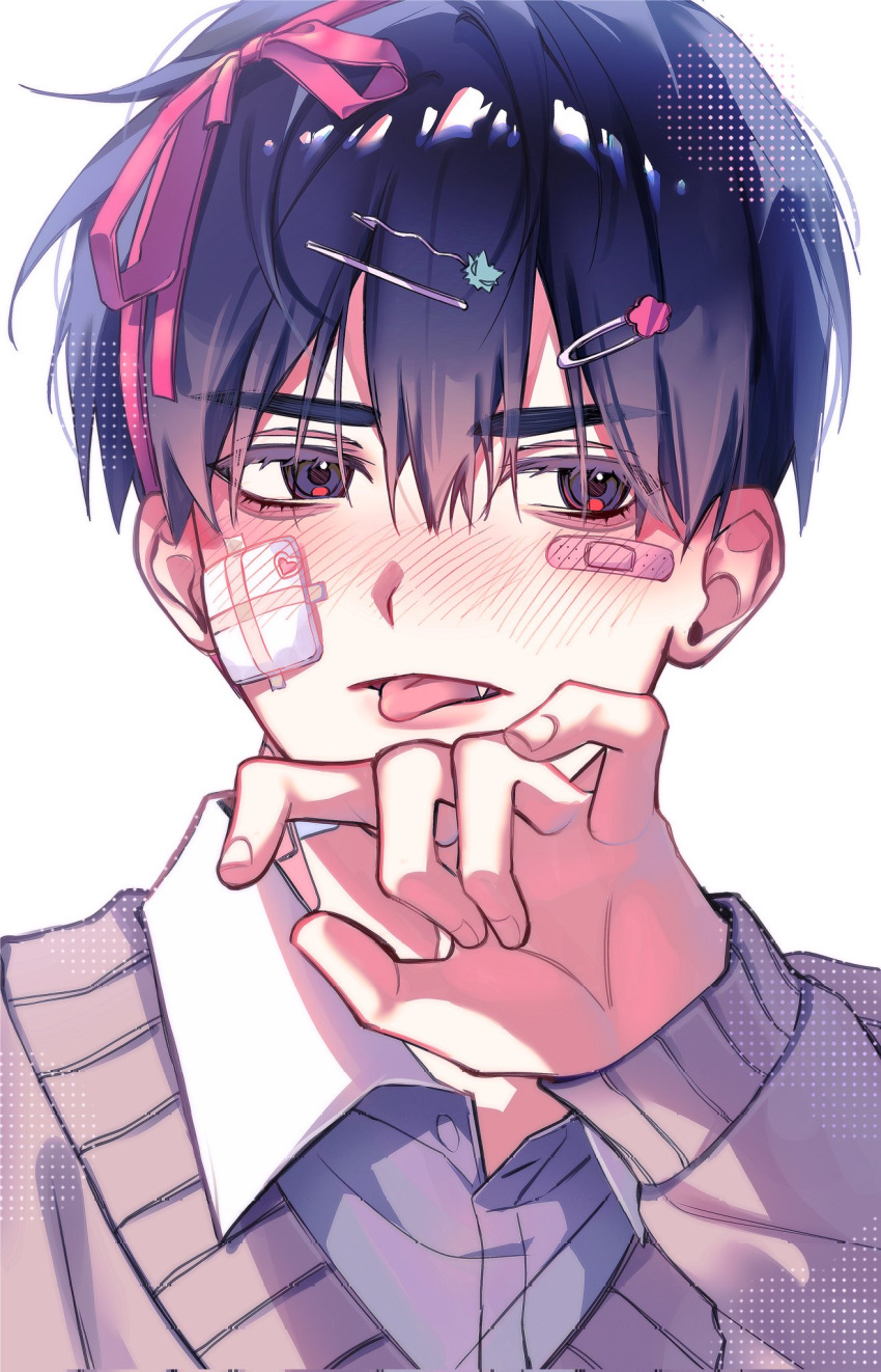 1boy, alien_stage, bandaid, bandaid_on_face, bbgbb111000, black_eyes, black_hair, blush