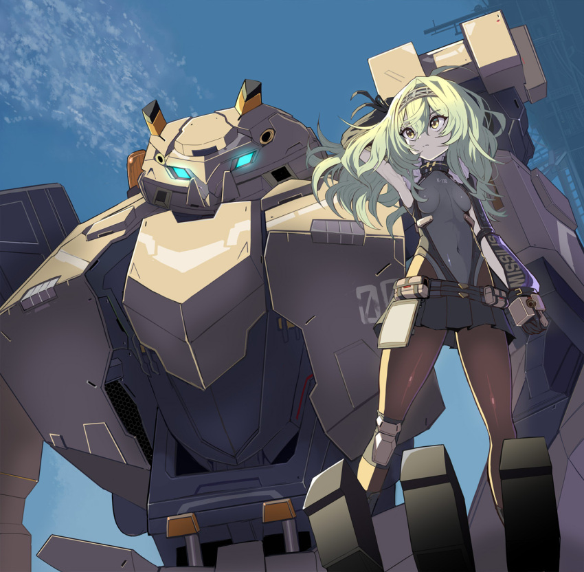 1girl, arm_up, armored_gloves, black_bodysuit, black_ribbon, blue_eyes, bodysuit, breasts, closed_mouth, covered_navel, gloves, glowing, glowing_eyes, goddess_of_victory:_nikke, green_hair, hair_between_eyes, hair_ribbon, hairband, kilo_(nikke), long_hair, long_sleeves, mecha, ribbon, robot, skin_tight, small_breasts, standing, syope, talos_(nikke), yellow_eyes