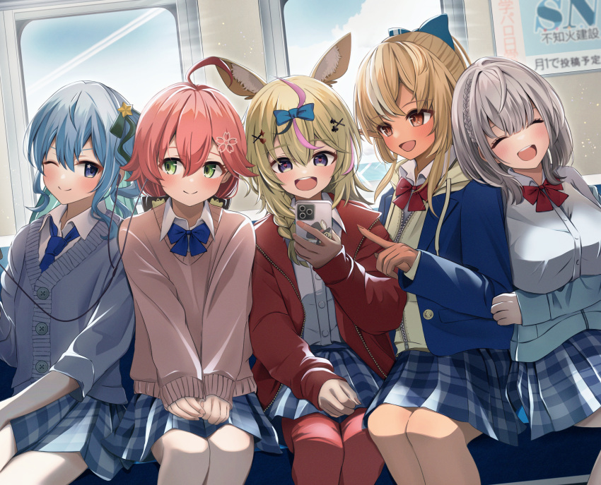 5girls, ahoge, alternate_costume, annin_oekaki, blazer, blonde_hair, blue_bow, blue_bowtie