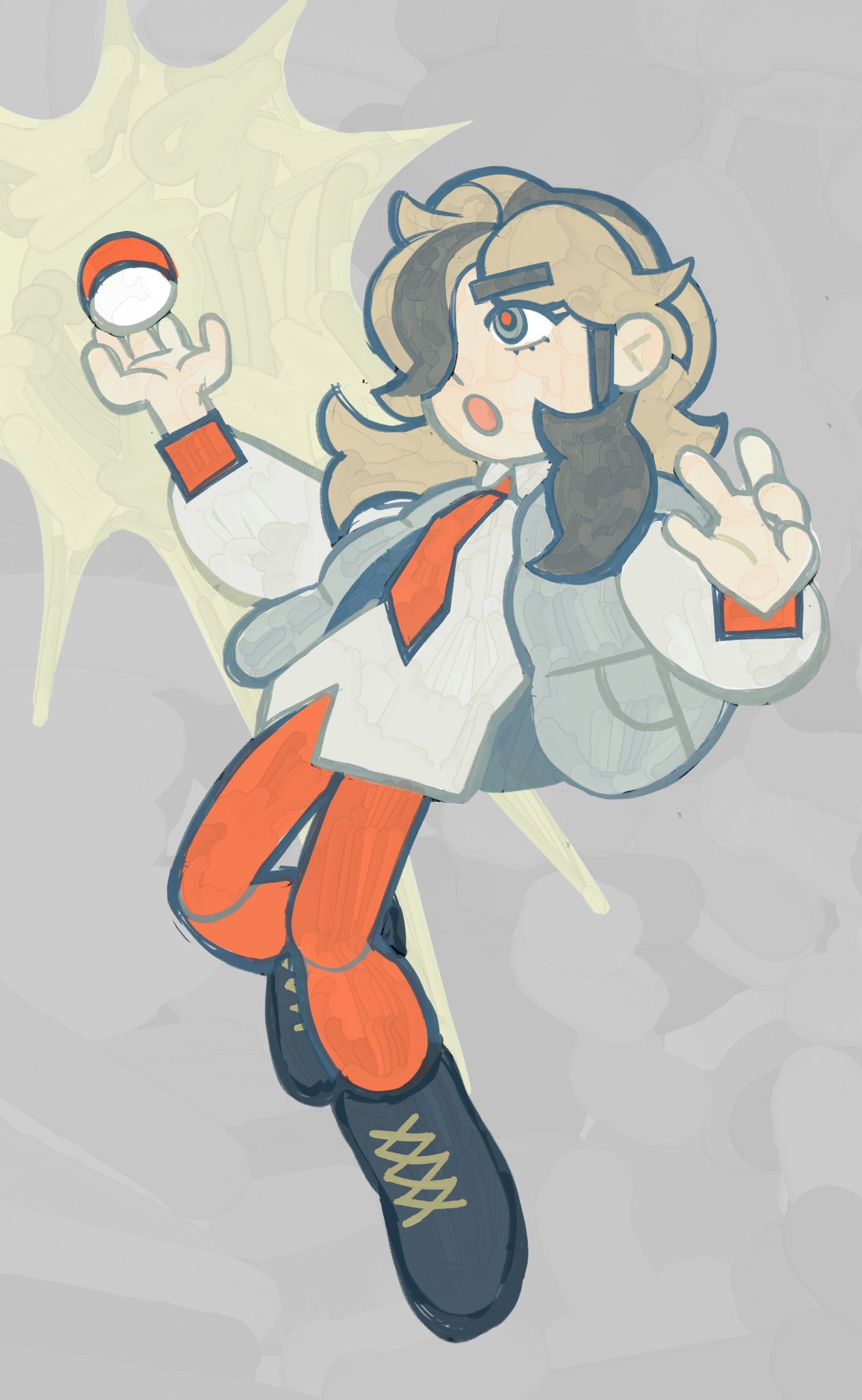 1boy, :o, arven_(pokemon), black_footwear, boots, brown_hair, chibi, commentary