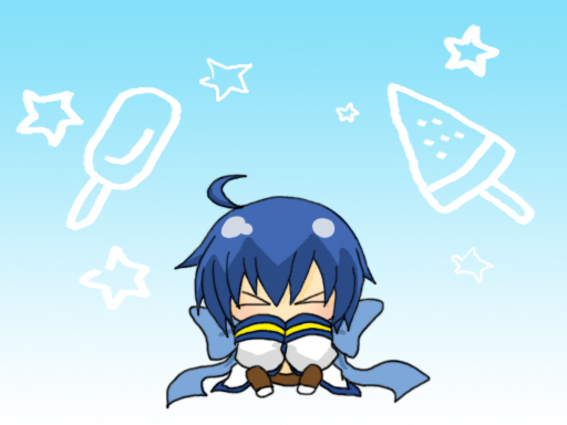 1boy, blue_hair, blue_scarf, buri_hamachi, chibi, full_body, kaito, kaito_(vocaloid)