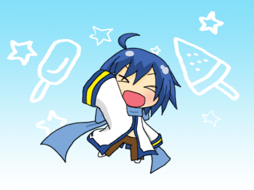1boy, blue_hair, blue_scarf, buri_hamachi, chibi, full_body, kaito, kaito_(vocaloid)
