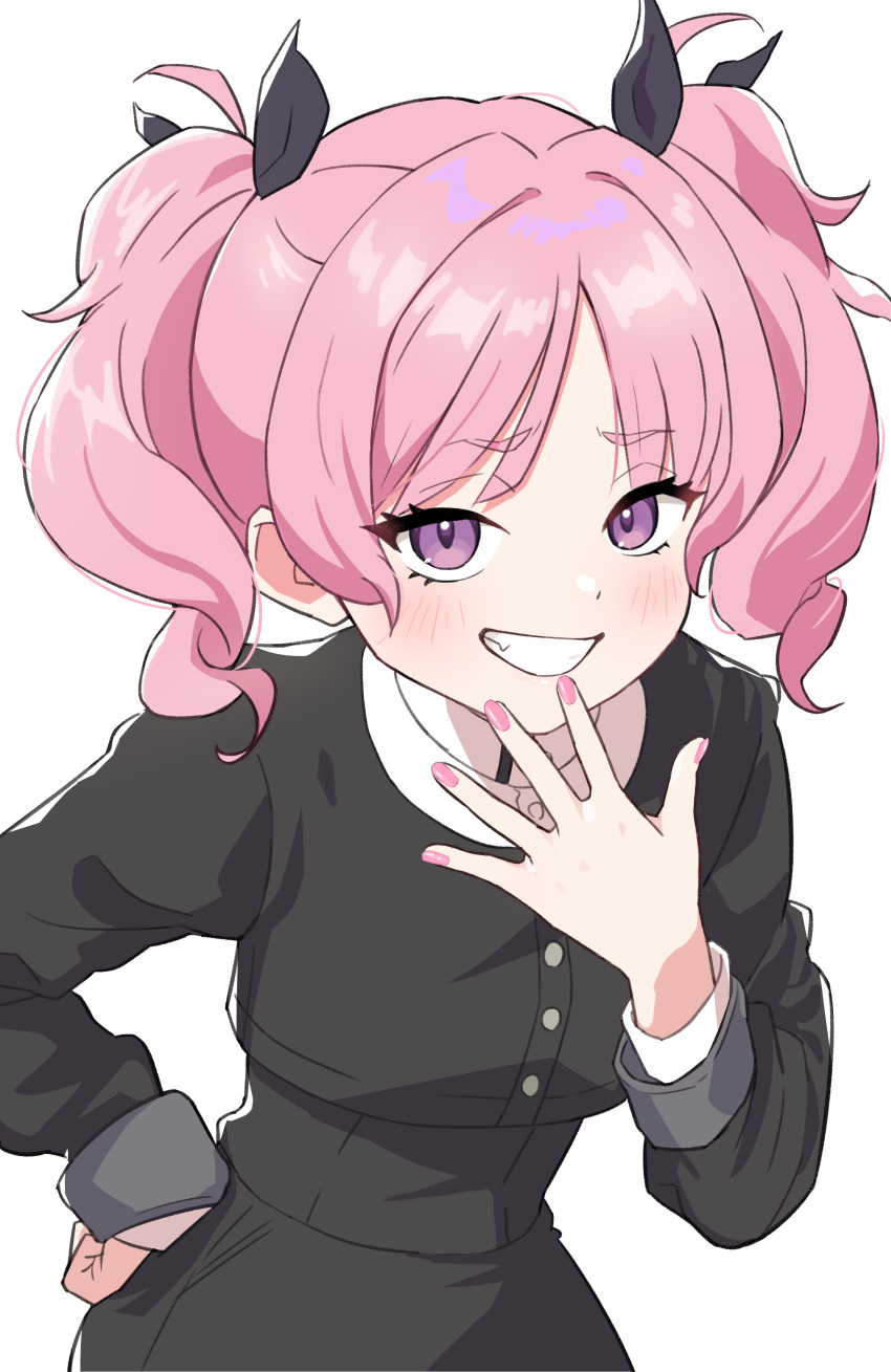 1girl, absurdres, aoi_nadeshiko, black_jacket, black_skirt, blush, fingernails, gakuen_idolmaster, gimi_00, grin, hand_to_own_mouth, highres, idolmaster, jacket, long_hair, looking_at_viewer, nail_polish, pink_eyes, pink_hair, simple_background, skirt, smile, solo, twintails, white_background