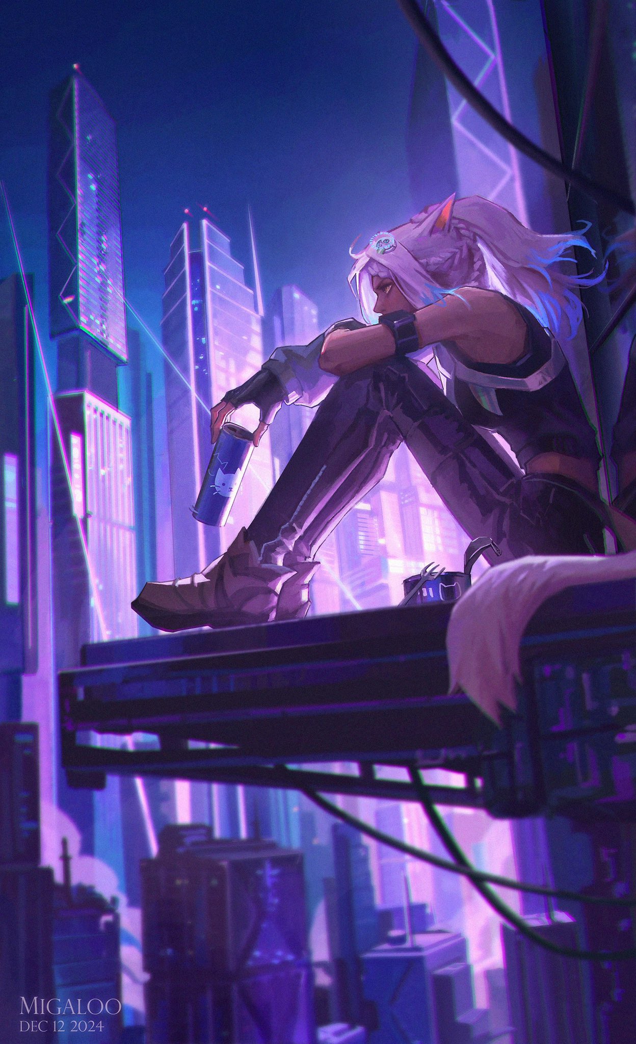 1girl, animal_ears, armband, artist_name, black_gloves, black_pants, black_shirt, blurry