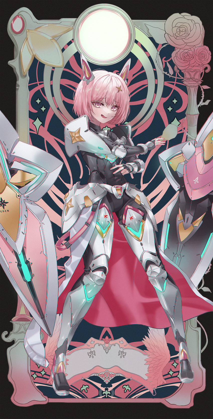 1girl, absurdres, armor, armored_bodysuit, armored_boots, armored_gloves, armored_skirt, black_bodysuit