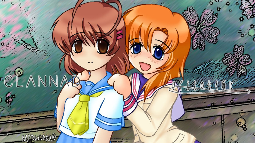 2girls, antenna_hair, artist_name, blazer, blue_eyes, blue_sailor_collar, blue_skirt, blush