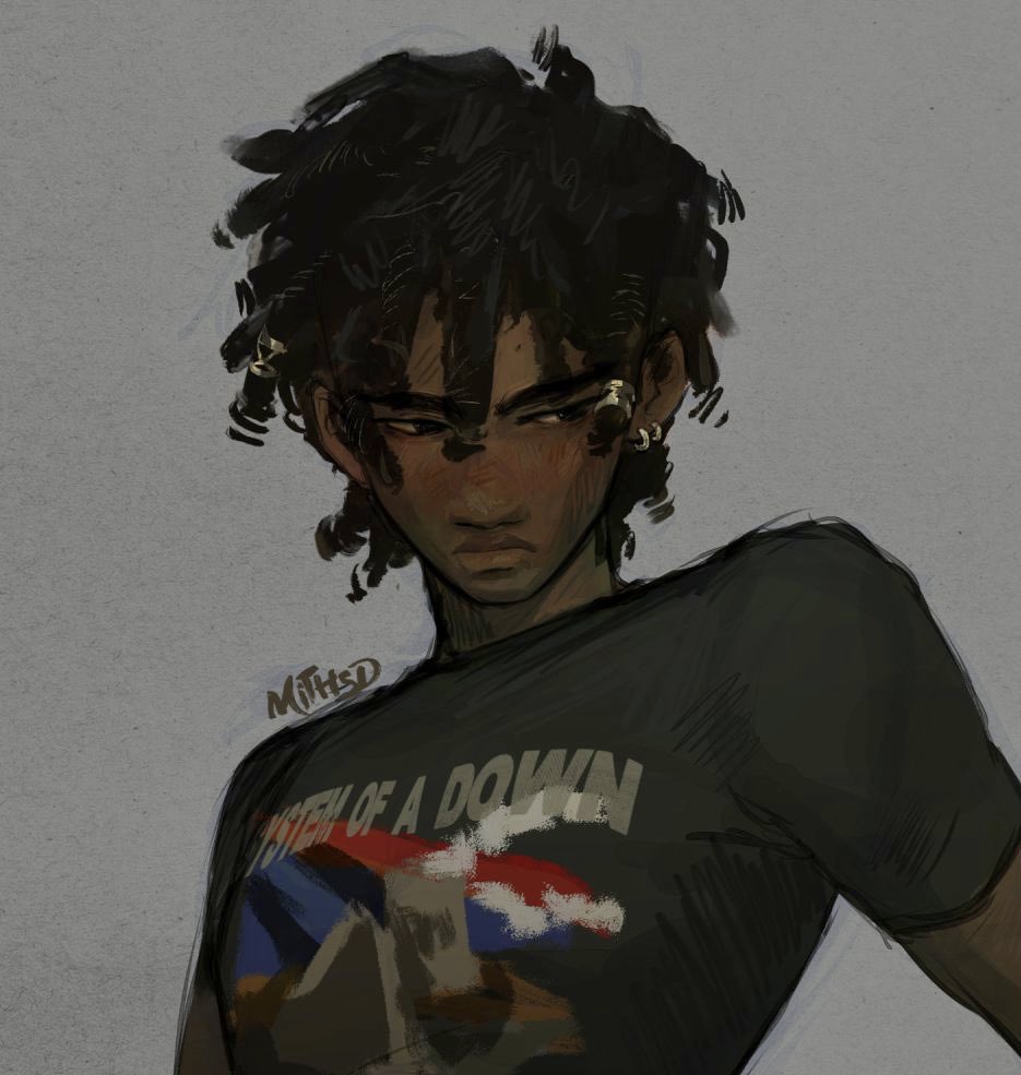 1boy, artist_name, band_shirt, black_hair, closed_mouth, dark-skinned_male, dark_skin, dreadlocks