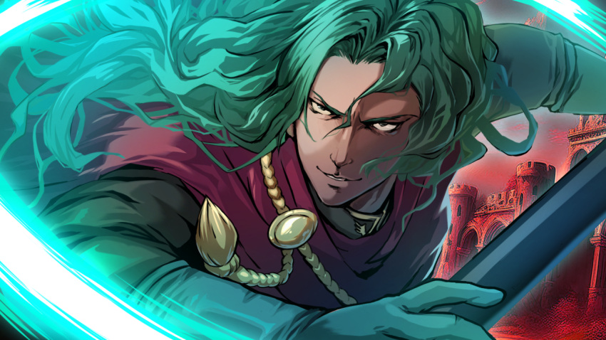 1boy, attack_trail, cape, castle, close-up, constricted_pupils, curly_hair, curtained_hair