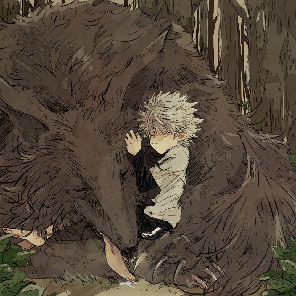 1boy, animal_ears, animal_hands, barefoot, black_shirt, brown_fur, claws, dog, dog_ears, dog_tail, forest, hunter_x_hunter, killua_zoldyck, layered_sleeves, long_sleeves, mike_(hunter_x_hunter), nature, necomu, shirt, short_over_long_sleeves, short_sleeves, sleeping, sleeping_animal, spiky_hair, tail, tongue, tongue_out, tree, white_hair, white_shirt
