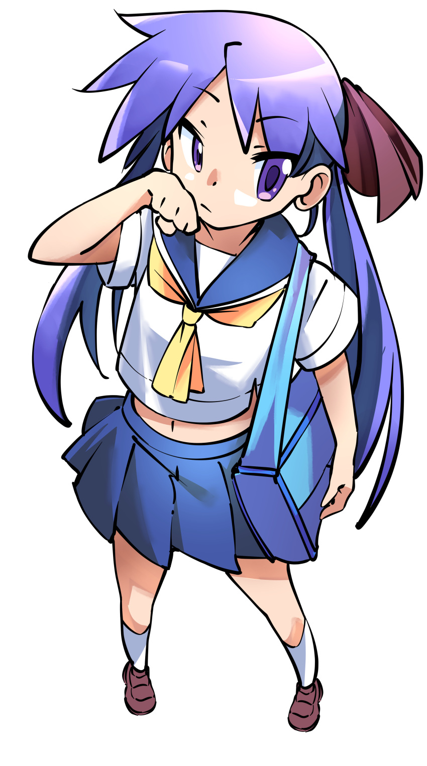 1girl, absurdres, bag, blue_bag, blue_sailor_collar, blue_skirt, borrowed_clothes, bow