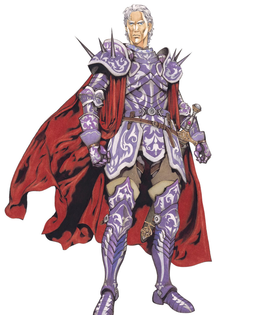 1boy, armor, armored_boots, blue_eyes, boots, cape, fire_emblem, fire_emblem:_mystery_of_the_emblem, fire_emblem:_new_mystery_of_the_emblem, fire_emblem_heroes, highres, jagen_(fire_emblem), official_art, old, old_man, purple_armor, red_cape, shoulder_armor, spiked_armor, third-party_source, white_hair, yamada_akihiro