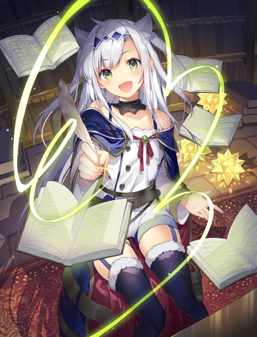 1girl, absurdres, bare_shoulders, belt, belt_buckle, blue_coat, blue_garter_straps, blue_thighhighs