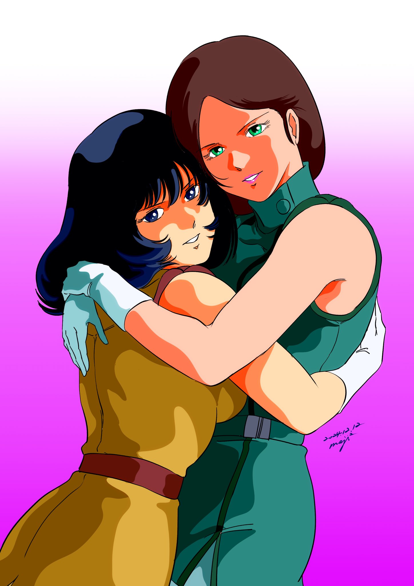 2girls, belt, black_hair, blue_eyes, breasts, brown_hair, emma_sheen, fa_yuiry