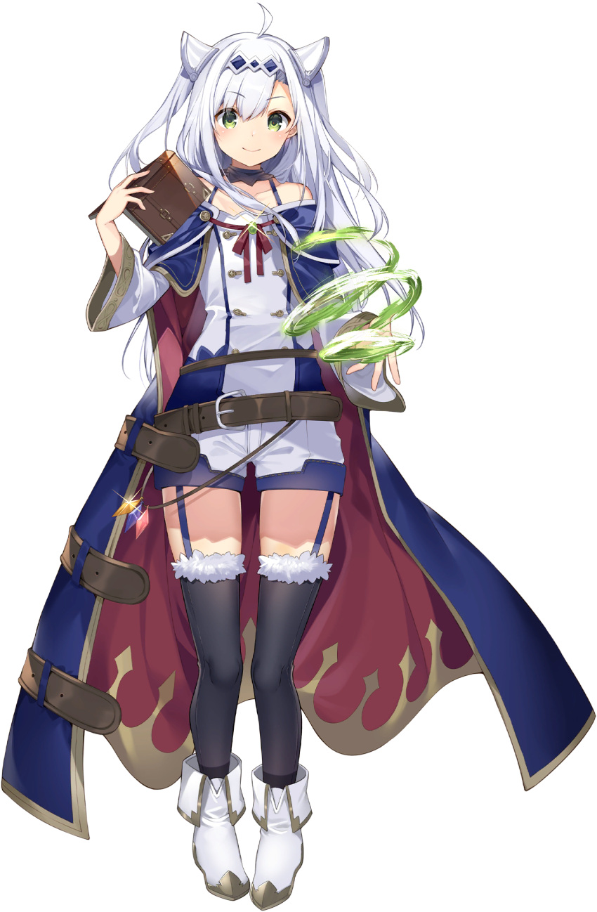 1girl, ahoge, belt, belt_buckle, black_thighhighs, blue_coat, blue_garter_straps, book