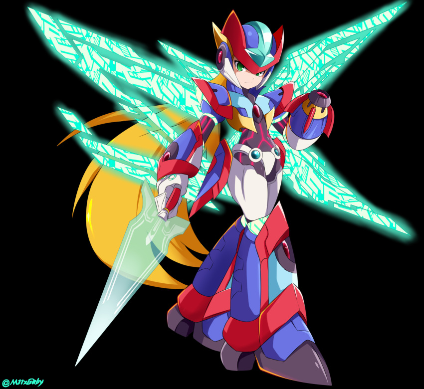 1girl, aile_(mega_man_zx), arm_cannon, armor, black_bodysuit, blonde_hair, blue_armor, bodysuit