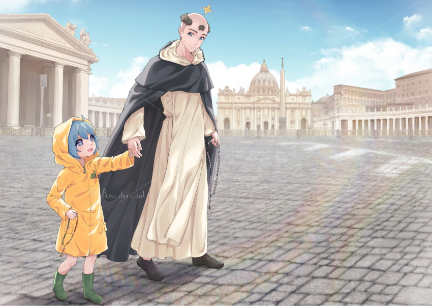 an_dres_art, black_cape, blue_eyes, blue_hair, boots, cape, christian_mythology, dirty_footwear