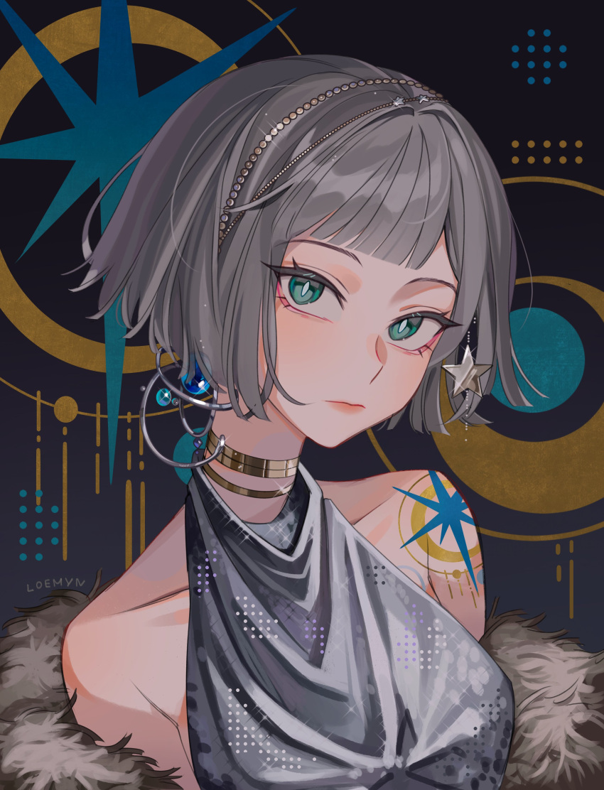 1girl, absurdres, aqua_eyes, artist_name, bare_shoulders, blunt_bangs, blunt_ends, circle