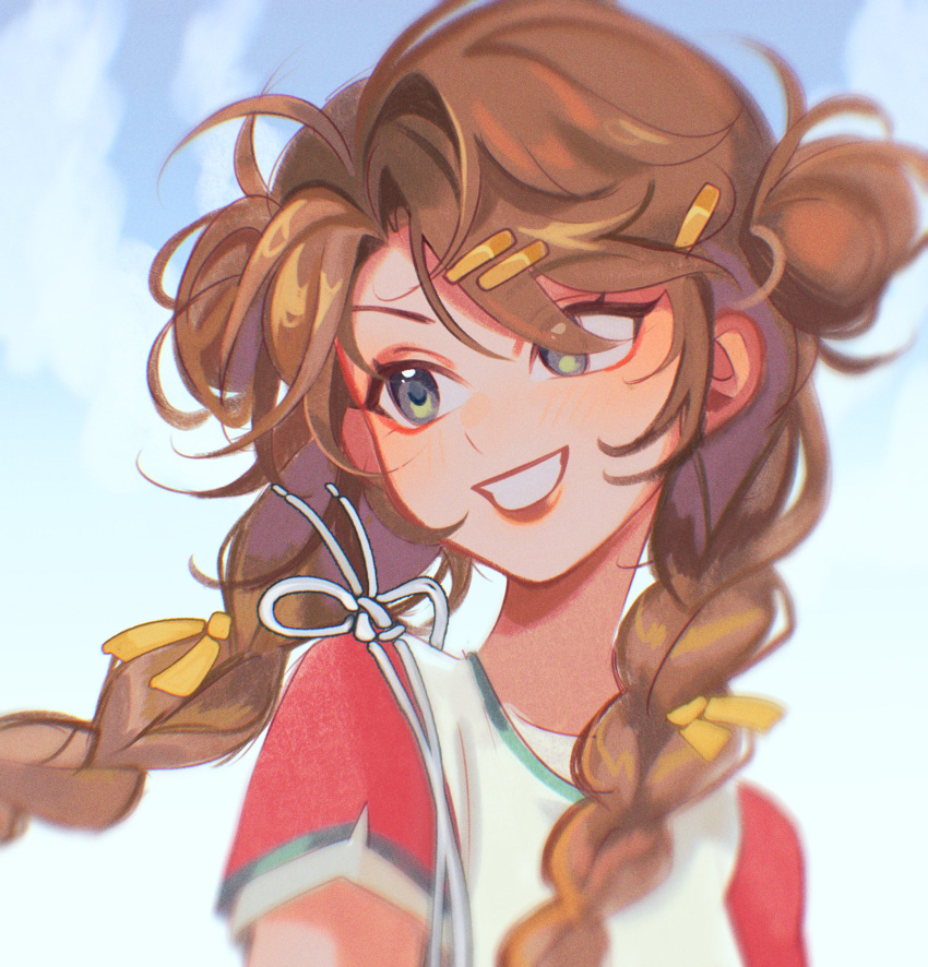 1girl, blue_eyes, blue_sky, braid, brown_hair, clouds, day, double_bun