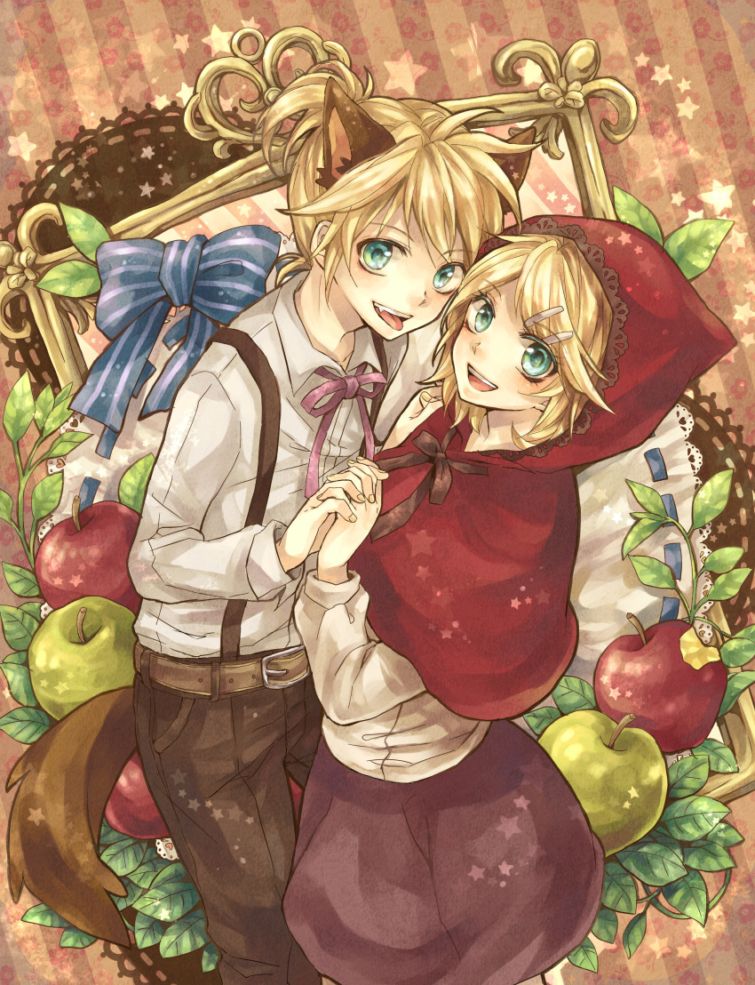 animal_ears, apple, aqua_eyes, big_bad_wolf_(cosplay), big_bad_wolf_(grimm), blonde_hair, brother_and_sister, cosplay, fang, food, fruit, grimm's_fairy_tales, hair_ornament, hairclip, highres, holding_hands, hood, interlocked_fingers, kagamine_len, kagamine_rin, kemonomimi_mode, little_red_riding_hood, little_red_riding_hood_(cosplay), little_red_riding_hood_(grimm), makoto_(roketto-massyumaro), nail_polish, short_hair, siblings, smile, tail, tongue, twins, vocaloid, wolf_ears