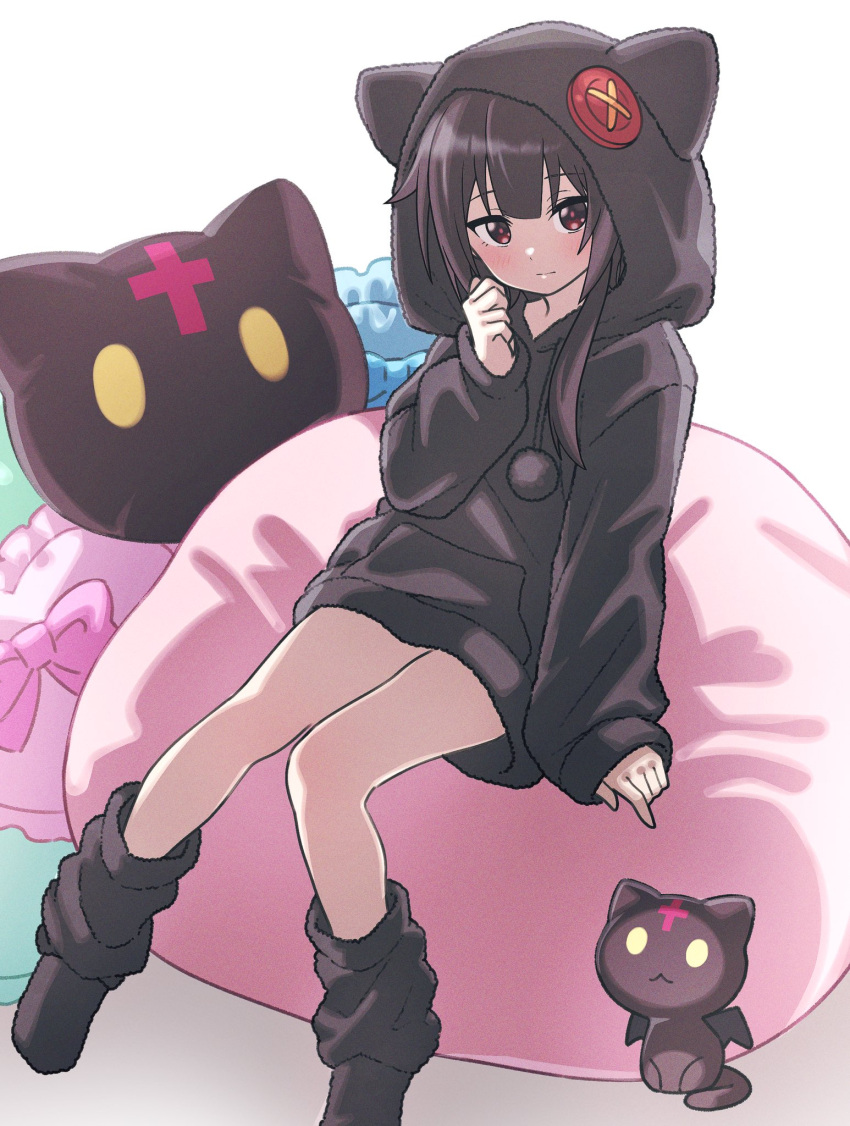 1girl, :3, animal_ears, animal_hood, arm_at_side, bat_wings, bean_bag_chair, black_cat