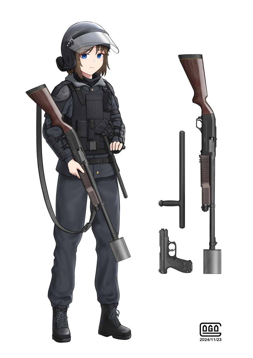1girl, absurdres, ammunition_pouch, armor, baton_(weapon), black_footwear, black_helmet, blue_eyes