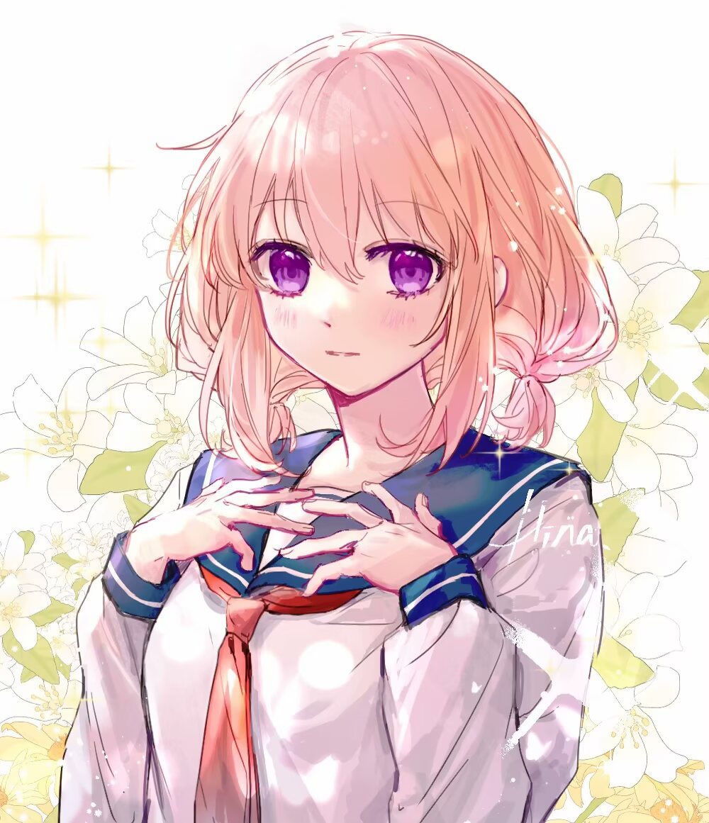 1girl, blue_sailor_collar, blush, closed_mouth, floral_background, flower, hair_between_eyes, honeyworks, long_sleeves, looking_at_viewer, missrose233, neckerchief, necktie, pink_hair, sailor_collar, school_uniform, serafuku, setoguchi_hina, shirt, solo, twintails, upper_body, violet_eyes, white_background, white_shirt