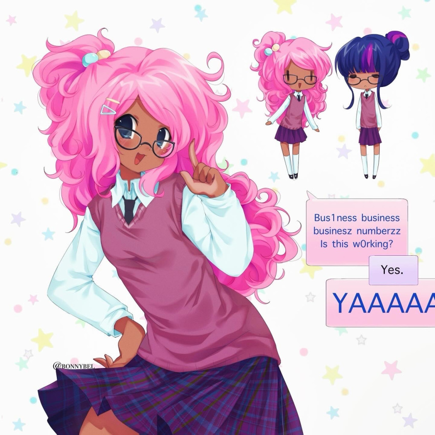 2000s_(style), 2girls, alternate_hairstyle, alternate_skin_color, blue_eyes, breasts, chibi, commentary