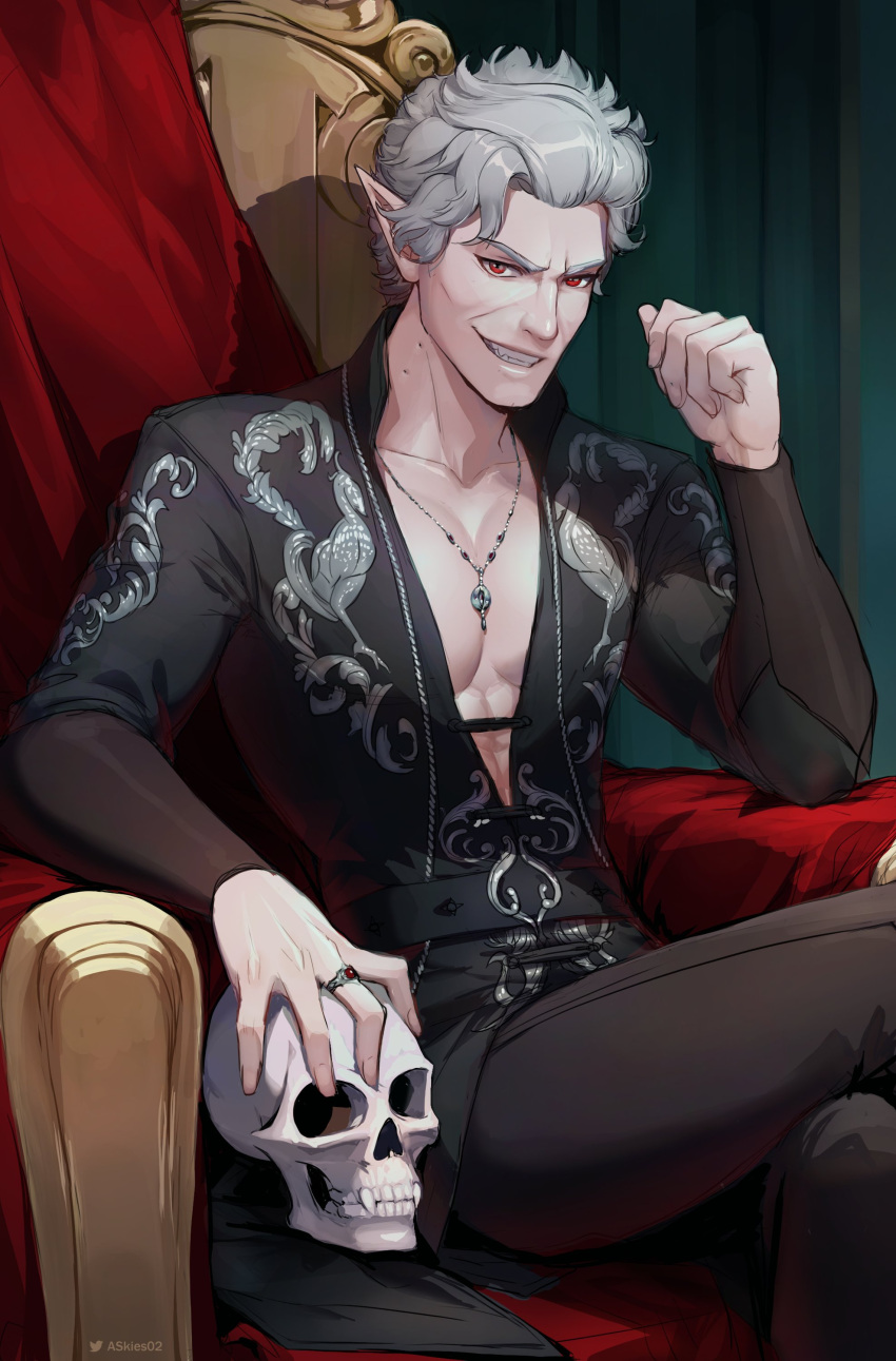 1boy, abs, absurdres, allen_skies, astarion, baldur's_gate, baldur's_gate_3, bite_mark, bite_mark_on_neck, black_jacket, black_pants, commentary, crossed_legs, dungeons_&amp;_dragons, evil_grin, evil_smile, grey_hair, grin, highres, jacket, male_focus, pants, pectoral_cleavage, pectorals, pointy_ears, red_eyes, sitting, skull, smile, solo, throne, toned, toned_male