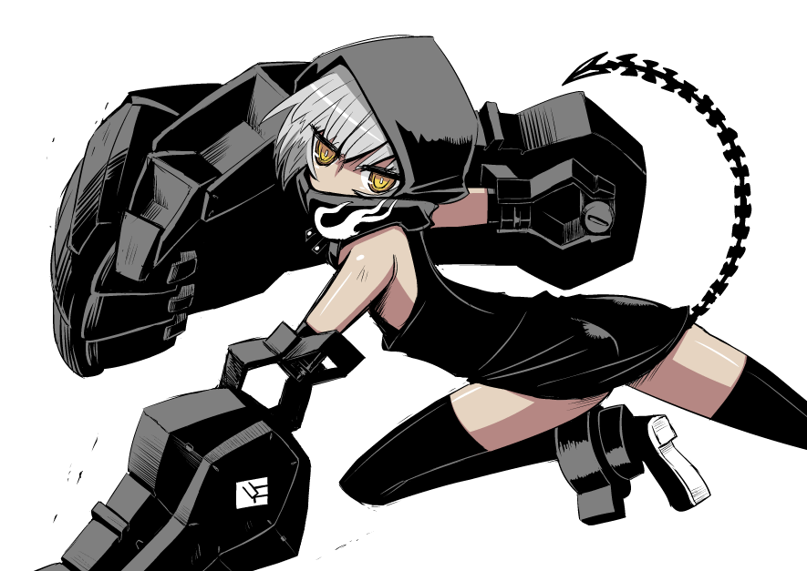 hoodie, kurakumo_nue, short_hair, simple_background, solo, strength_(black_rock_shooter), tail, thigh-highs
