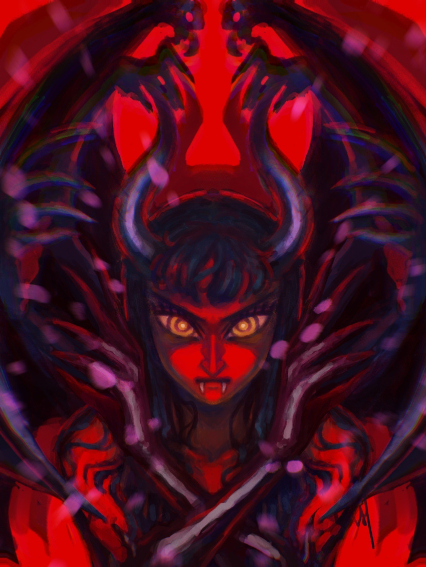 1girl, alternate_form, blunt_bangs, commentary, demonio_fleur, english_commentary, extra_arms, eyelashes, fangs, highres, horns, long_hair, looking_at_viewer, nico_robin, one_piece, red_background, red_theme, ringed_eyes, simple_background, solo, upper_body, vvnhuang, wings, yellow_eyes