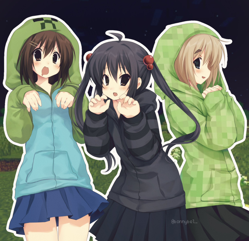 2000s_(style), 3girls, alternate_costume, black_hair, blonde_hair, brown_hair, commentary, cosplay