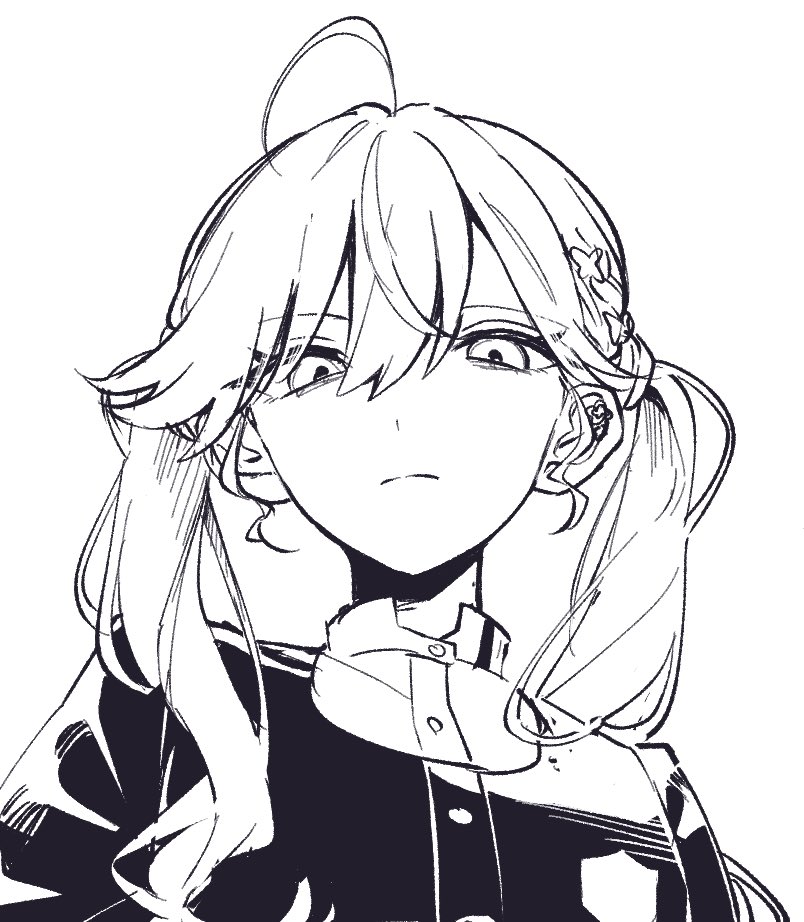 1girl, ahoge, commentary_request, gakuen_idolmaster, greyscale, hair_between_eyes, idolmaster, kashikaze