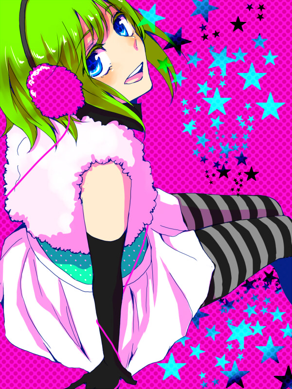 aqua_eyes, bad_id, earmuffs, elbow_gloves, gloves, green_hair, grey_legwear, gumi