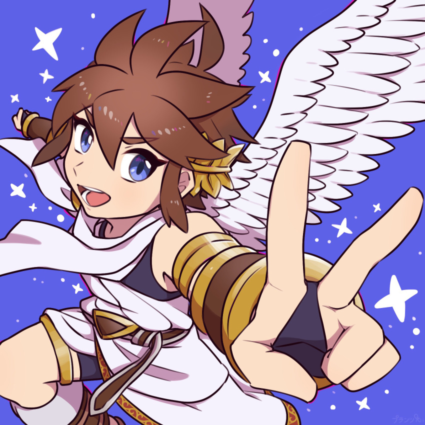 1boy, 72kuri, angel, angel_wings, armlet, belt, blue_background, blue_eyes, bracer, brown_belt, feathered_wings, forced_perspective, gold_armlet, gold_thighlet, highres, jewelry, kid_icarus, kid_icarus_uprising, laurel_crown, open_mouth, pit_(kid_icarus), sidelocks, single_bare_shoulder, solo, sparkle_background, spiky_hair, thick_eyelashes, thighlet, v, white_wings, wings