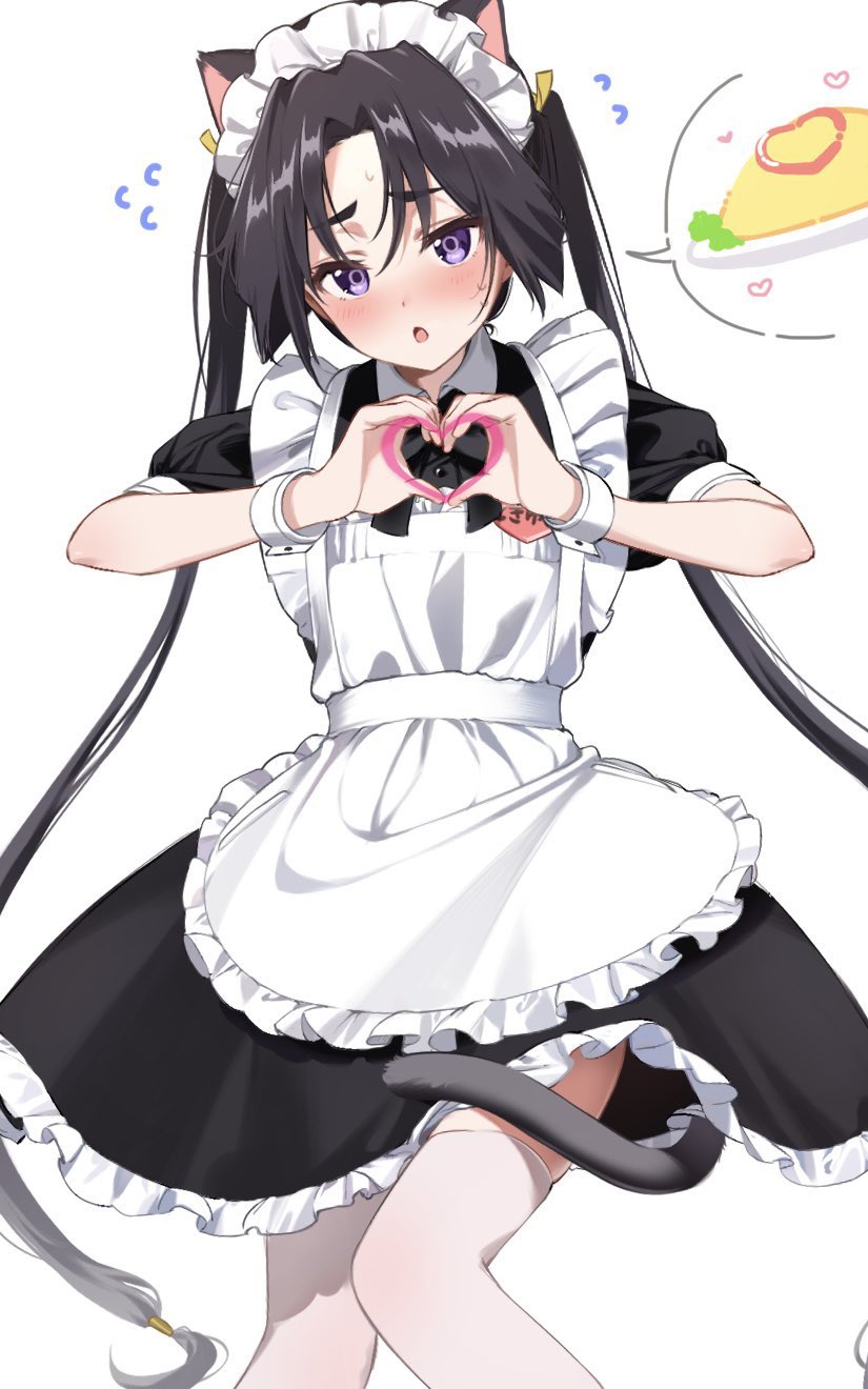 1boy, :o, agetapan_ll, alternate_costume, animal_ears, apron, black_dress, black_hair, blush, cat_ears, cat_tail, character_name, collared_dress, cowboy_shot, crossdressing, curtained_hair, dress, embarrassed, enmaided, flying_sweatdrops, food, food_writing, frilled_apron, frilled_dress, frills, heart, heart_hands, highres, houjou_tokiyuki_(nige_jouzu_no_wakagimi), knees_together_feet_apart, long_hair, looking_at_viewer, low-tied_long_hair, maid, maid_apron, maid_headdress, male_focus, male_maid, moe_moe_kyun!, motoyui, name_tag, nige_jouzu_no_wakagimi, nose_blush, omelet, omurice, otoko_no_ko, parted_bangs, puffy_short_sleeves, puffy_sleeves, raised_eyebrows, see-through_clothes, see-through_thighhighs, short_sleeves, sidelocks_tied_back, simple_background, solo, spoken_food, sweatdrop, tail, thick_eyebrows, thigh-highs, twintails, violet_eyes, white_apron, white_background, white_thighhighs, wing_collar, wrist_cuffs, zettai_ryouiki