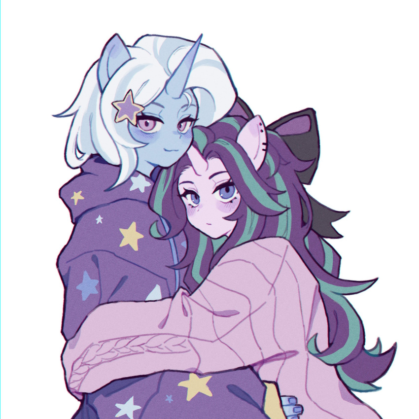 2girls, :3, alternate_costume, animal_ears, aqua_hair, blue_skin, bow, colored_skin