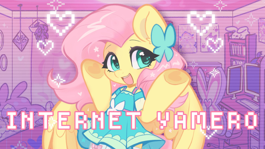 1girl, animal_ears, animal_hands, aqua_eyes, butterfly_hair_ornament, cameo, cardcaptor_sakura, commentary, cosplay, dress, eevee, english_commentary, english_text, fluttershy, fluttershy_(cosplay), fluttershy_(equestria_girls), furry, furry_female, green_dress, hair_ornament, highres, hooves, horse_ears, horse_girl, indoors, internet_yamero, kinomoto_sakura, kinomoto_sakura_(magic_dream_costume), long_hair, made_in_abyss, my_little_pony, my_little_pony:_equestria_girls, my_little_pony:_friendship_is_magic, nanachi_(made_in_abyss), needy_girl_overdose, nichijou, official_alternate_costume, oofycolorful, open_mouth, parody, pink_hair, pokemon, sakamoto_(nichijou), self_cosplay, smile, solo, song_name, stuffed_toy, video_thumbnail, wings