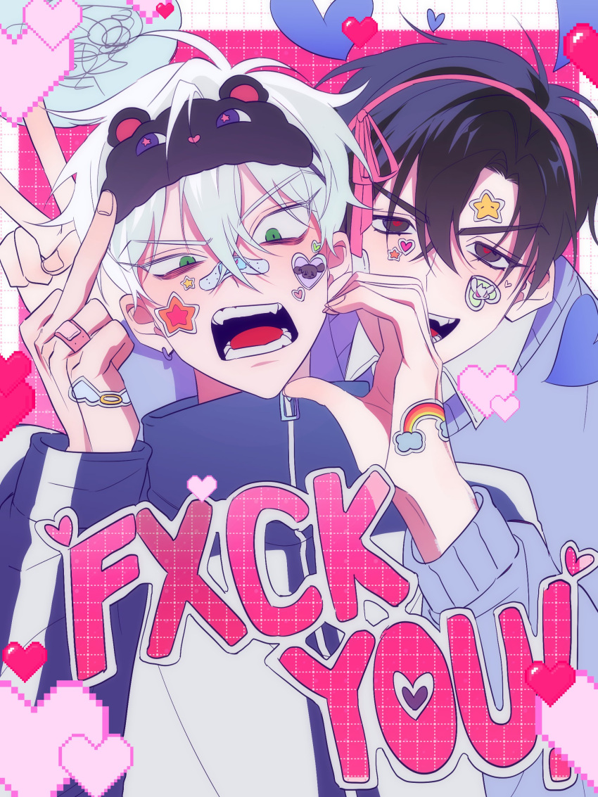 2boys, absurdres, alien_stage, bandaid, bandaid_on_face, bandaid_on_nose, black_eyes, black_hair