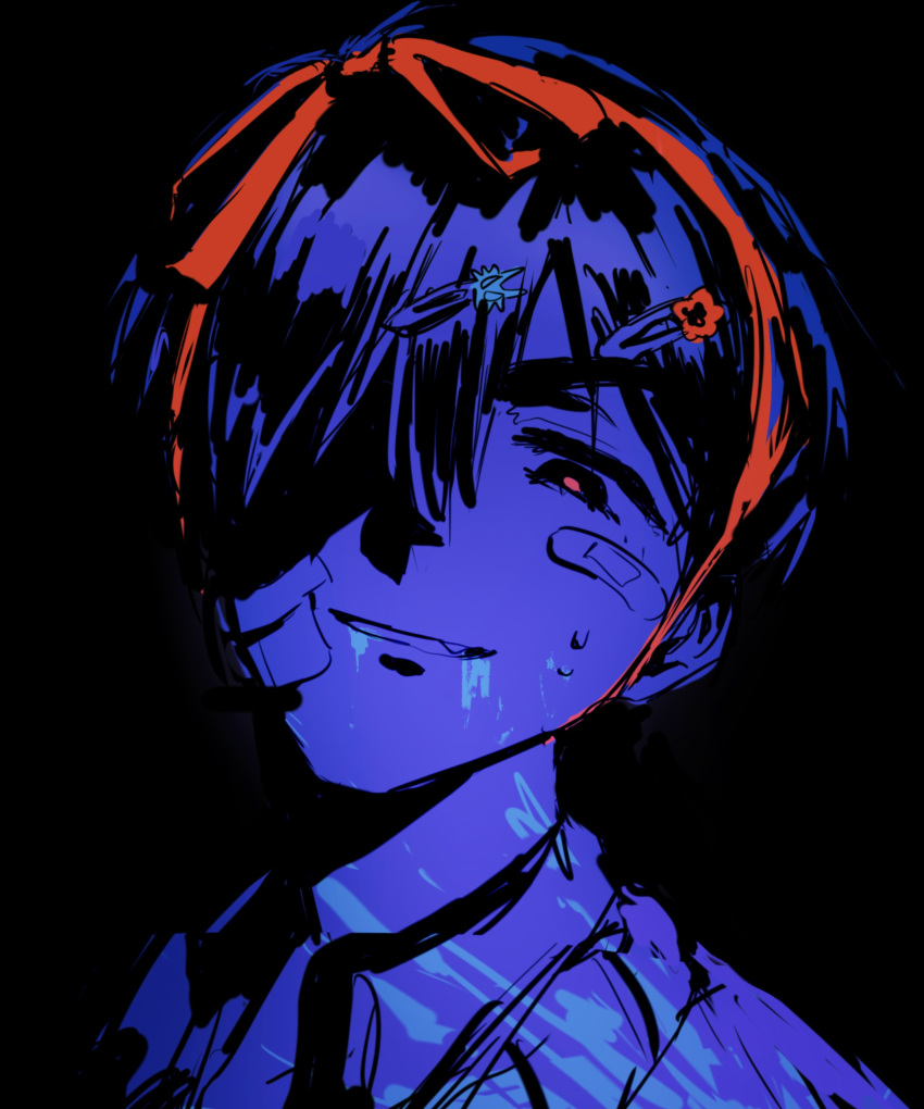 1boy, absurdres, alien_stage, bandaid, bandaid_on_face, black_background, blood, blood_splatter
