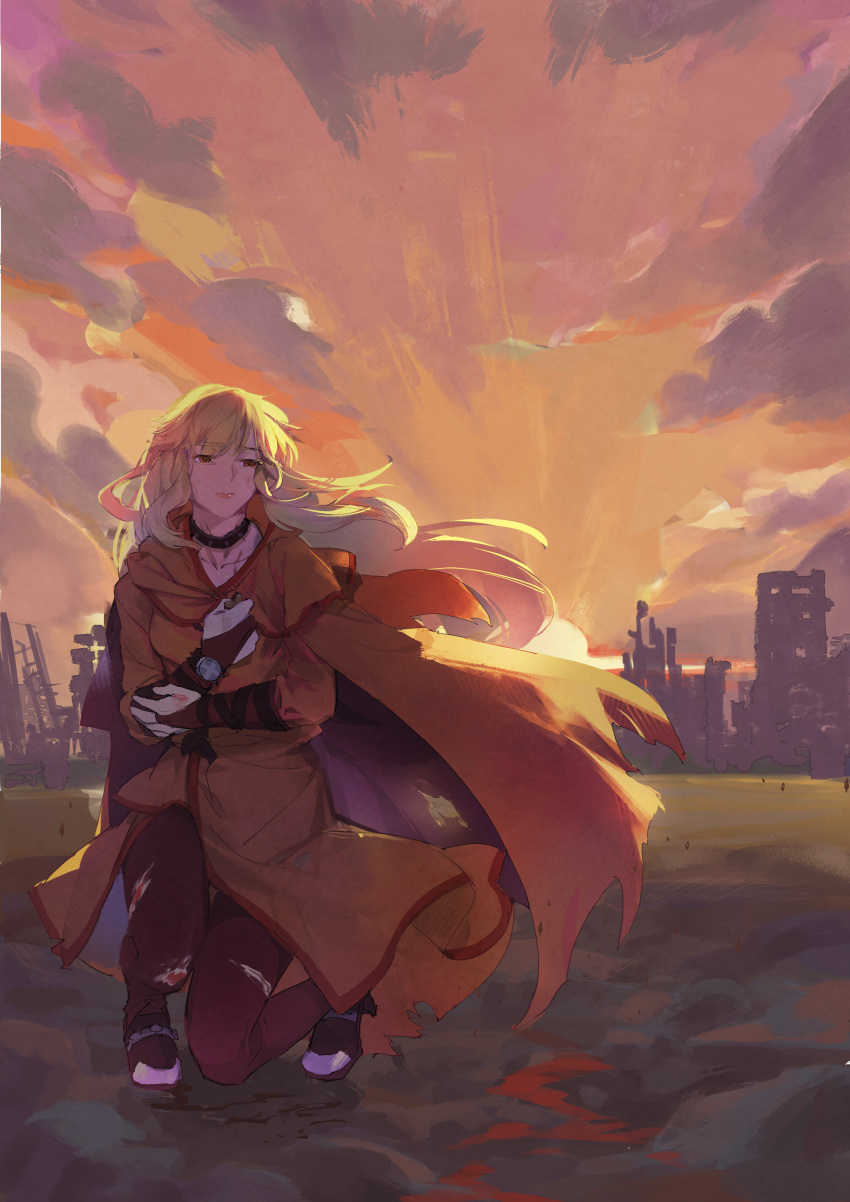 1girl, absurdres, battle_damage, blonde_hair, cape, cityscape, dawn, dress