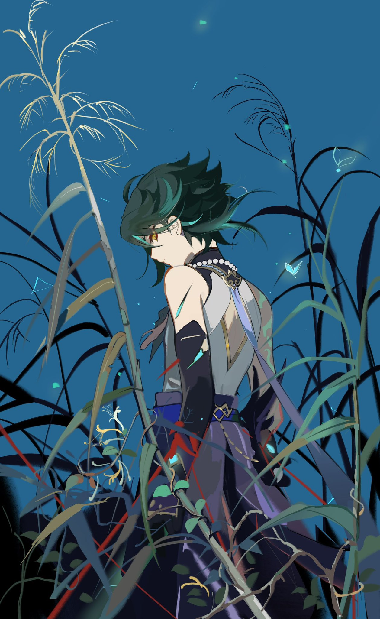 1boy, ahoge, back_cutout, bare_shoulders, bead_necklace, beads, belt, black_gloves