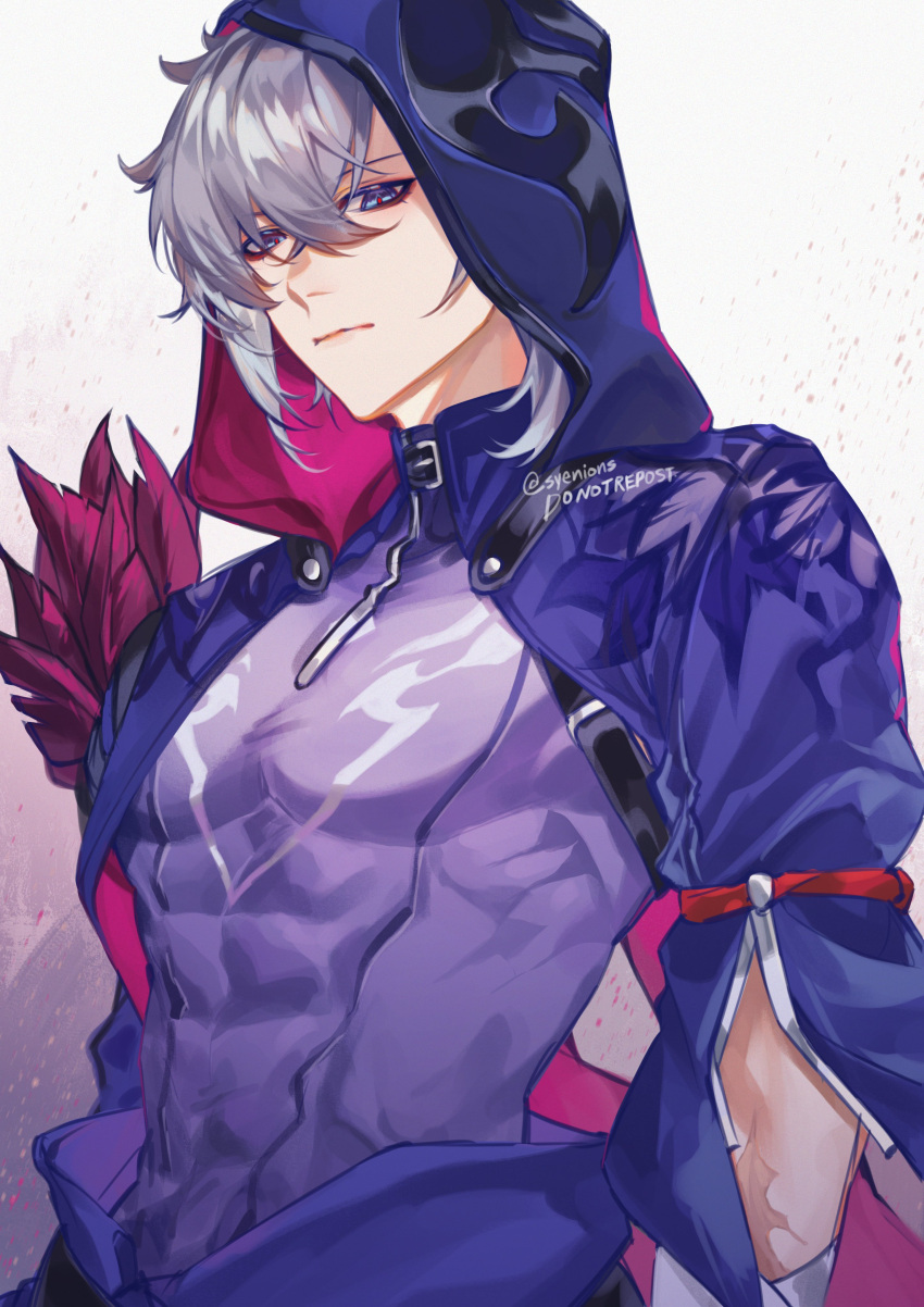 1boy, absurdres, artist_name, belt, black_belt, blue_eyes, closed_mouth, compression_shirt