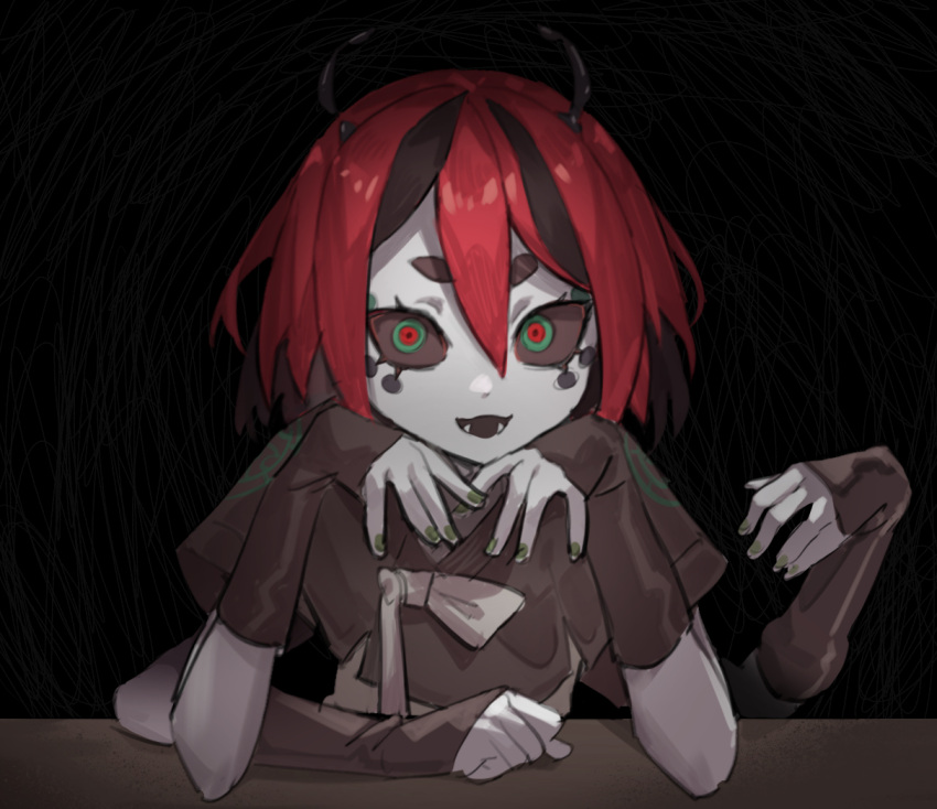 1girl, antennae, arm_on_table, arthropod_girl, beri_(beribug), black_hair, black_sclera, colored_sclera