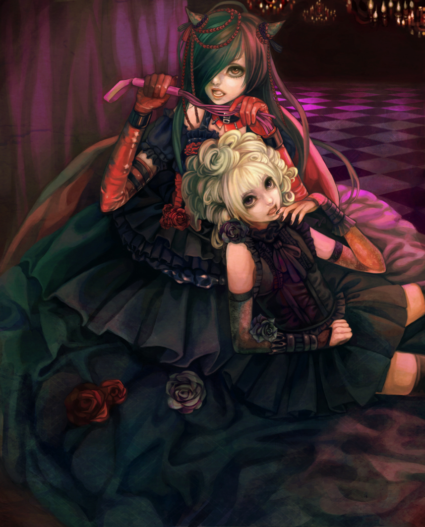 2girls, asagi_(d), black_hair, black_rose, black_rose_(flower), blonde_hair, crossdressinging, d_(band), dress, flower, long_hair, multiple_girls, red_rose, rose, ruiza, short_hair, whip