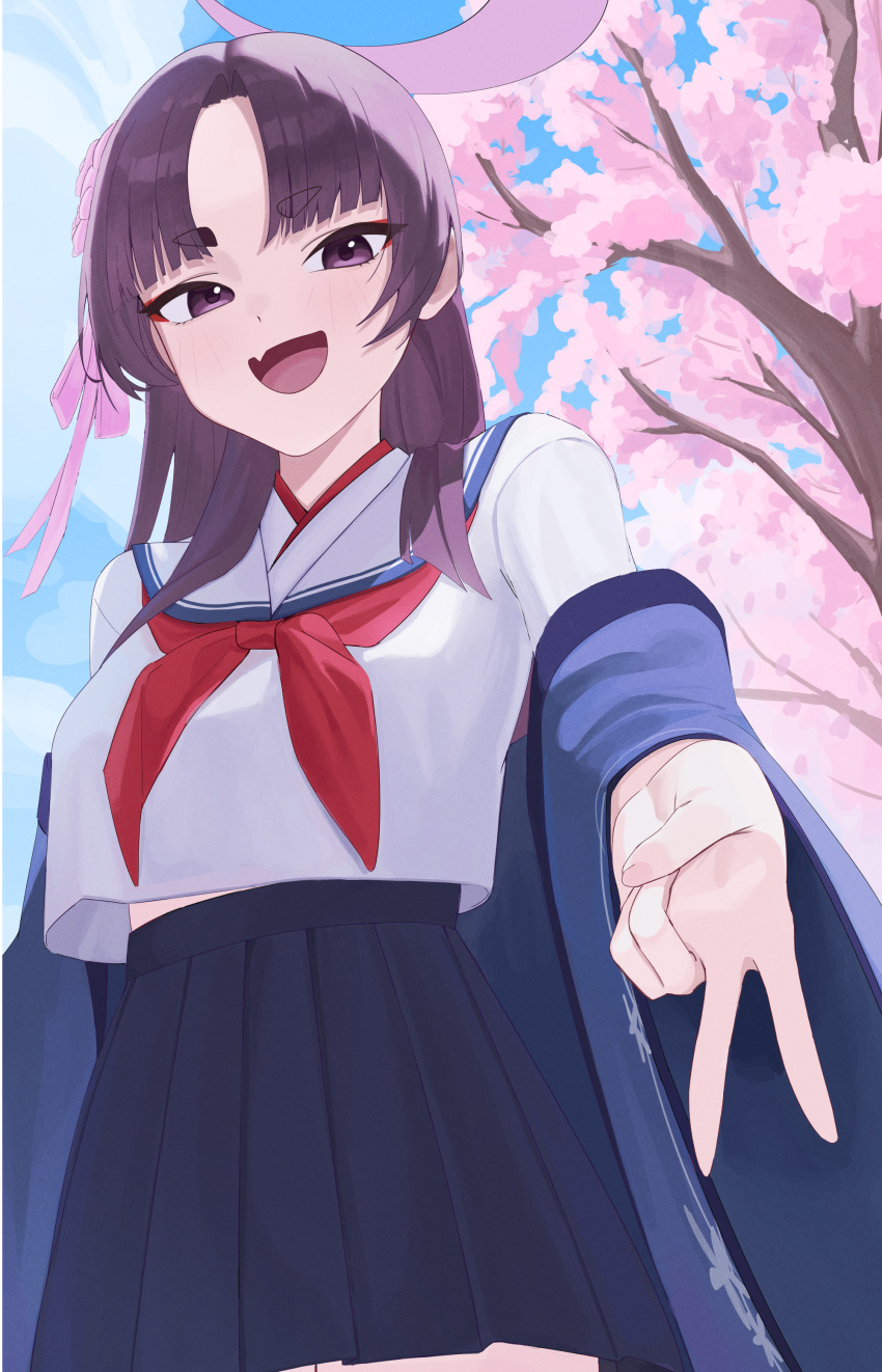 1girl, absurdres, blue_archive, blue_skirt, blue_sky, breasts, character_request, cherry_blossoms, commentary_request, cowboy_shot, eyeliner, fang, from_below, gangjeong, halo, highres, long_hair, long_sleeves, looking_at_viewer, makeup, medium_breasts, midriff_peek, neckerchief, open_mouth, pleated_skirt, purple_hair, purple_halo, reaching, reaching_towards_viewer, red_eyeliner, red_neckerchief, school_uniform, serafuku, shirt, skin_fang, skirt, sky, smile, solo, v, violet_eyes, white_shirt