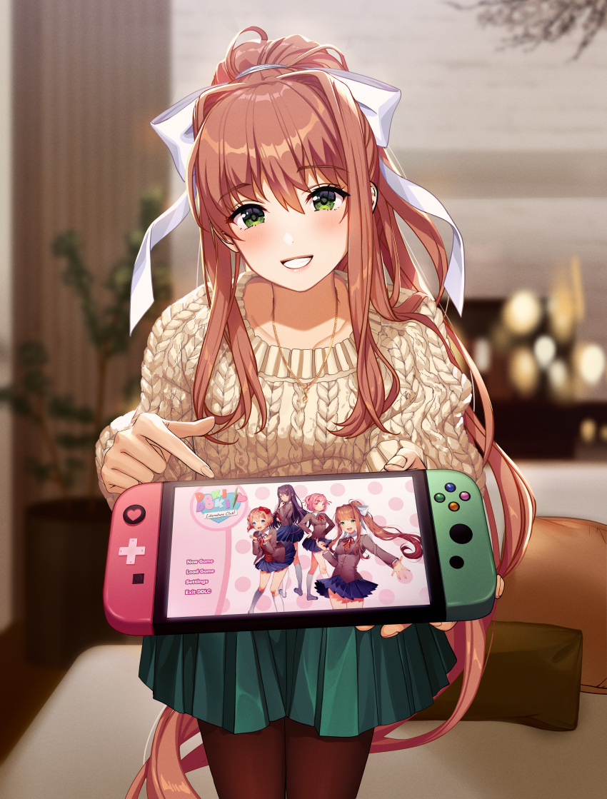 1girl, absurdres, alternate_costume, aran_sweater, black_pantyhose, blurry, blurry_background, blush