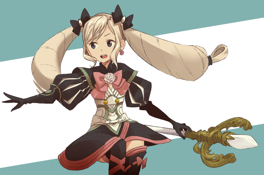 1girl, aristocratic_clothes, blonde_hair, bow, drill_hair, elise_(fire_emblem), eushima_(sgr), fire_emblem, fire_emblem_fates, hair_bow, highres, holding, holding_staff, open_mouth, purple_hair, solo, staff, twin_drills, twintails, violet_eyes