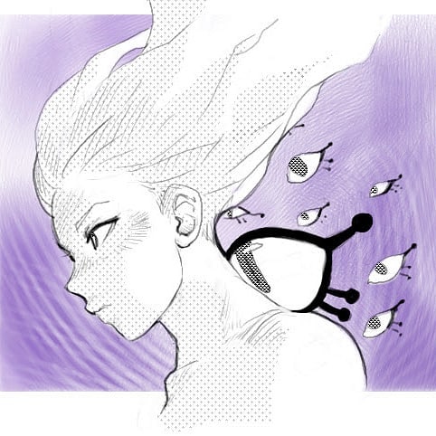 1girl, collarbone, commentary, english_commentary, expressionless, from_side, greyscale_with_colored_background, long_hair, lowres, makisempai, original, portrait, profile, purple_background, solo