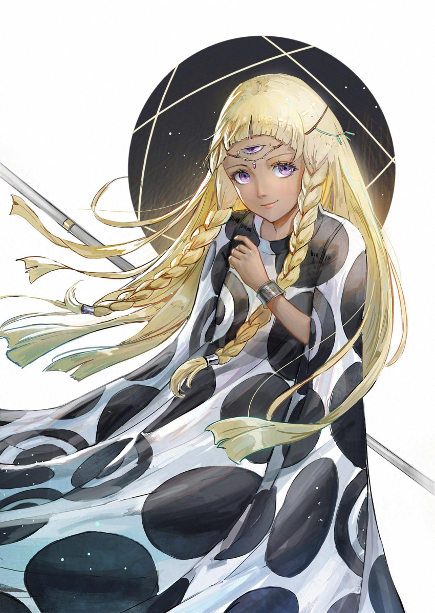 1girl, arm_behind_back, blonde_hair, bracelet, braid, closed_mouth, commentary, dark-skinned_female