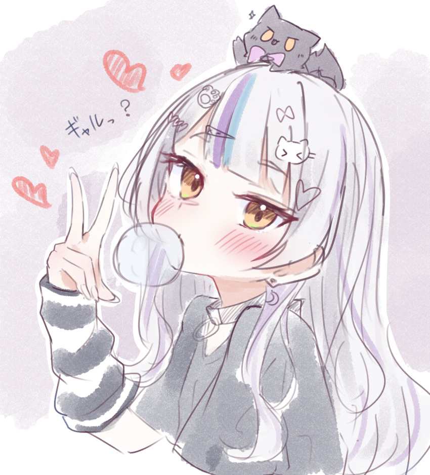1girl, ao_growth_20, black_choker, black_shirt, blowing_bubbles, blue_hair, blush, cat_hair_ornament